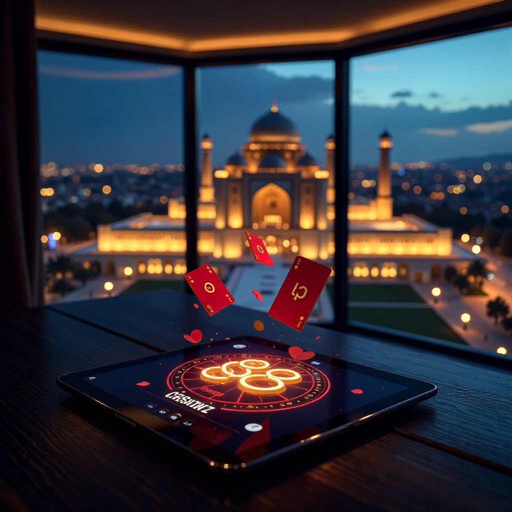 Luxury modern interior in a Samarkand penthouse overlooking the illuminated Registan Square at night through panoramic windows, 888starz official branding on a tablet screen, 3D golden multipliers and red playing cards floating in the air, sophisticated a